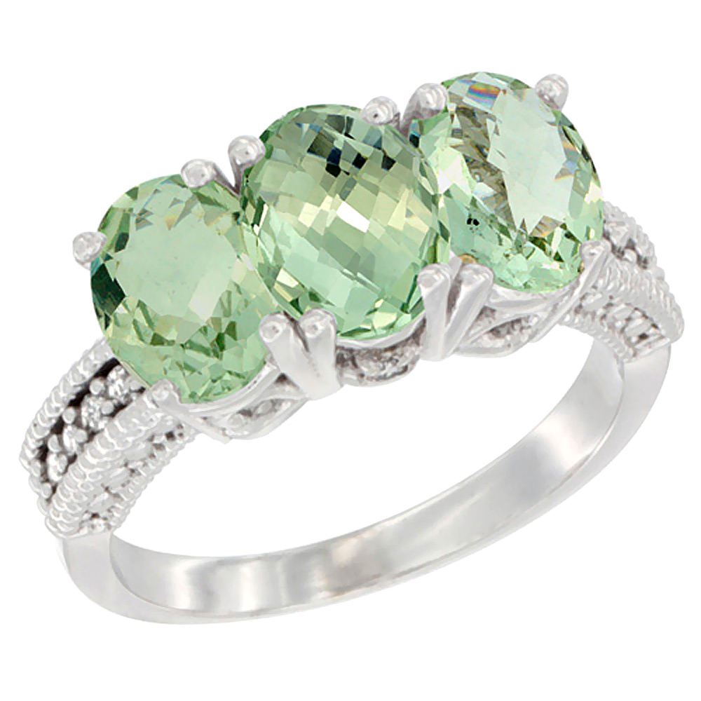 10K White Gold Natural Green Amethyst Ring 3-Stone Oval 7x5 mm Diamond Accent, sizes 5 - 10