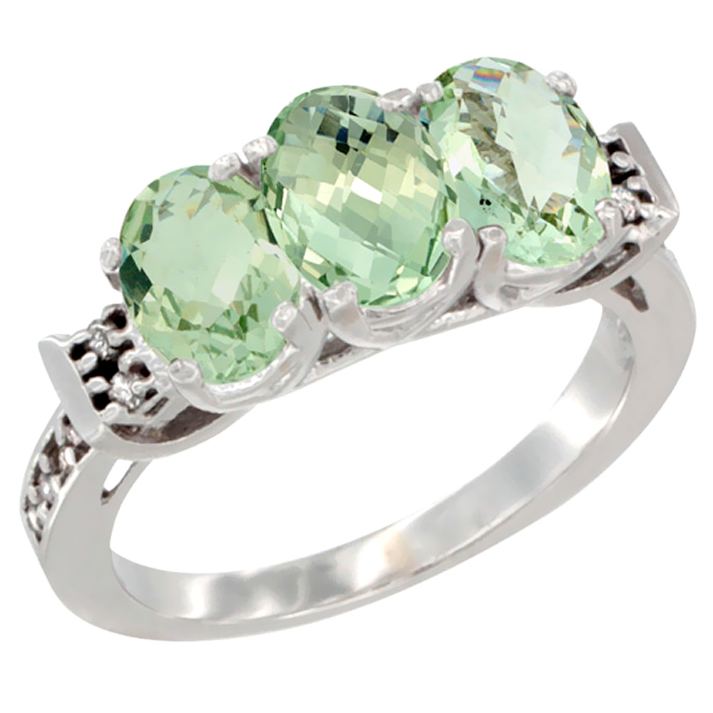 14K White Gold Natural Green Amethyst Ring 3-Stone 7x5 mm Oval Diamond Accent, sizes 5 - 10