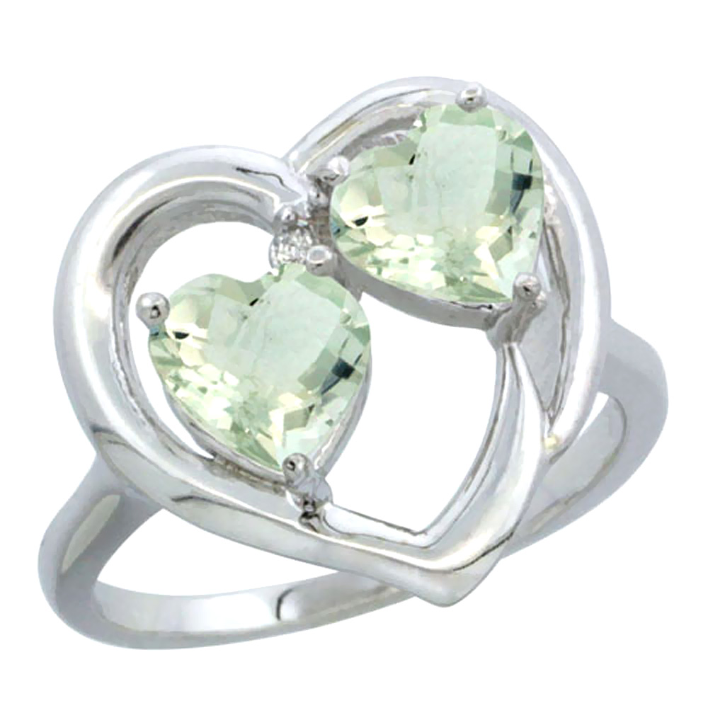 10K White Gold Diamond Two-stone Heart Ring 6mm Natural Green Amethyst, sizes 5-10