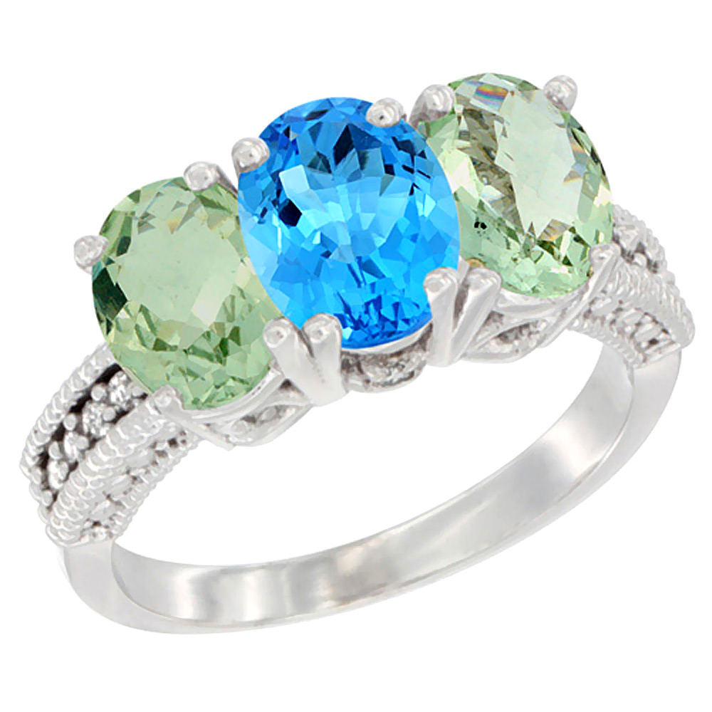 10K White Gold Natural Swiss Blue Topaz & Green Amethyst Sides Ring 3-Stone Oval 7x5 mm Diamond Accent, sizes 5 - 10