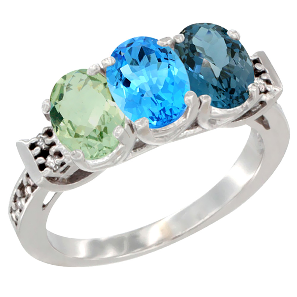 10K White Gold Natural Green Amethyst, Swiss Blue Topaz & London Blue Topaz Ring 3-Stone Oval 7x5 mm Diamond Accent, sizes 5 - 10