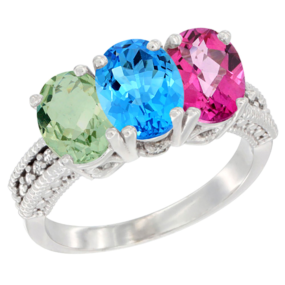 14K White Gold Natural Green Amethyst, Swiss Blue Topaz & Pink Topaz Ring 3-Stone 7x5 mm Oval Diamond Accent, sizes 5 - 10