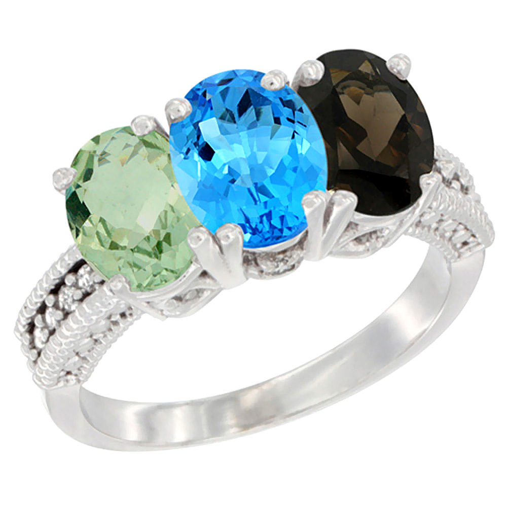 14K White Gold Natural Green Amethyst, Swiss Blue Topaz & Smoky Topaz Ring 3-Stone 7x5 mm Oval Diamond Accent, sizes 5 - 10