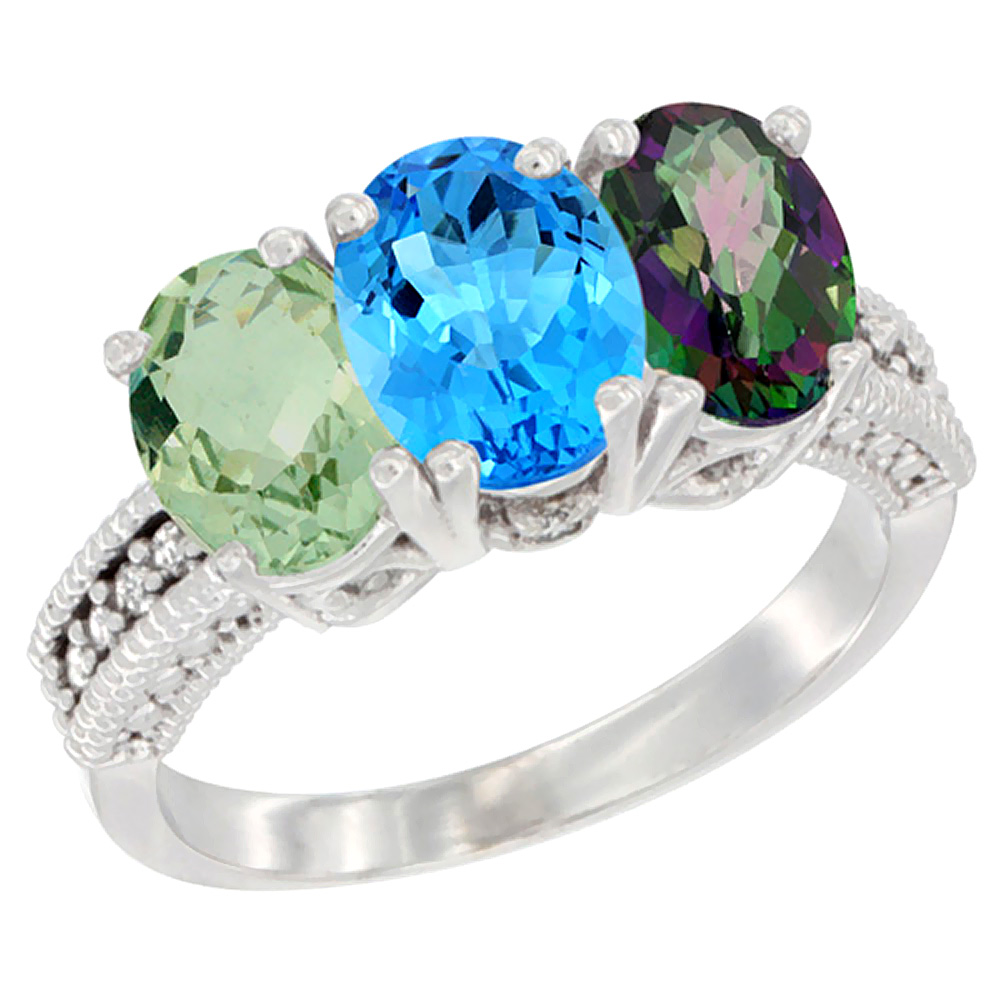 10K White Gold Natural Green Amethyst, Swiss Blue Topaz & Mystic Topaz Ring 3-Stone Oval 7x5 mm Diamond Accent, sizes 5 - 10