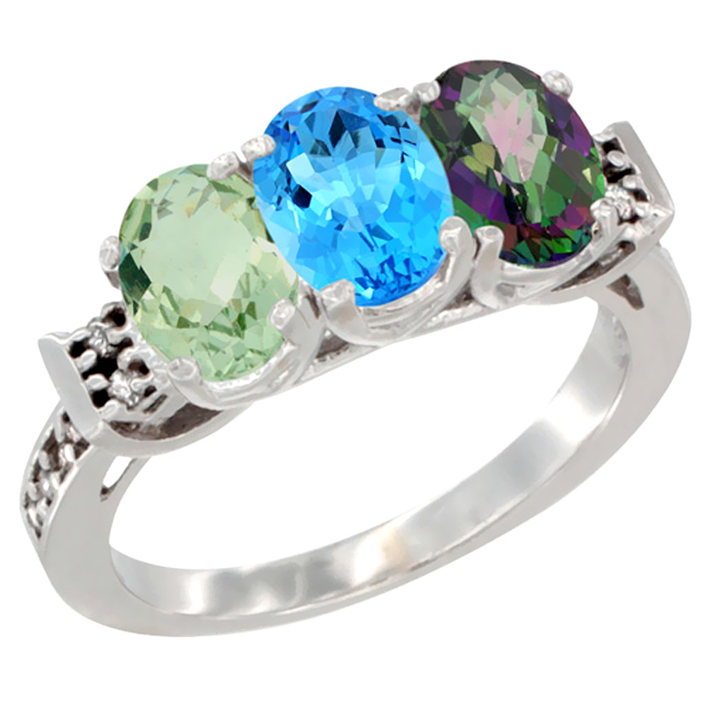 10K White Gold Natural Green Amethyst, Swiss Blue Topaz & Mystic Topaz Ring 3-Stone Oval 7x5 mm Diamond Accent, sizes 5 - 10