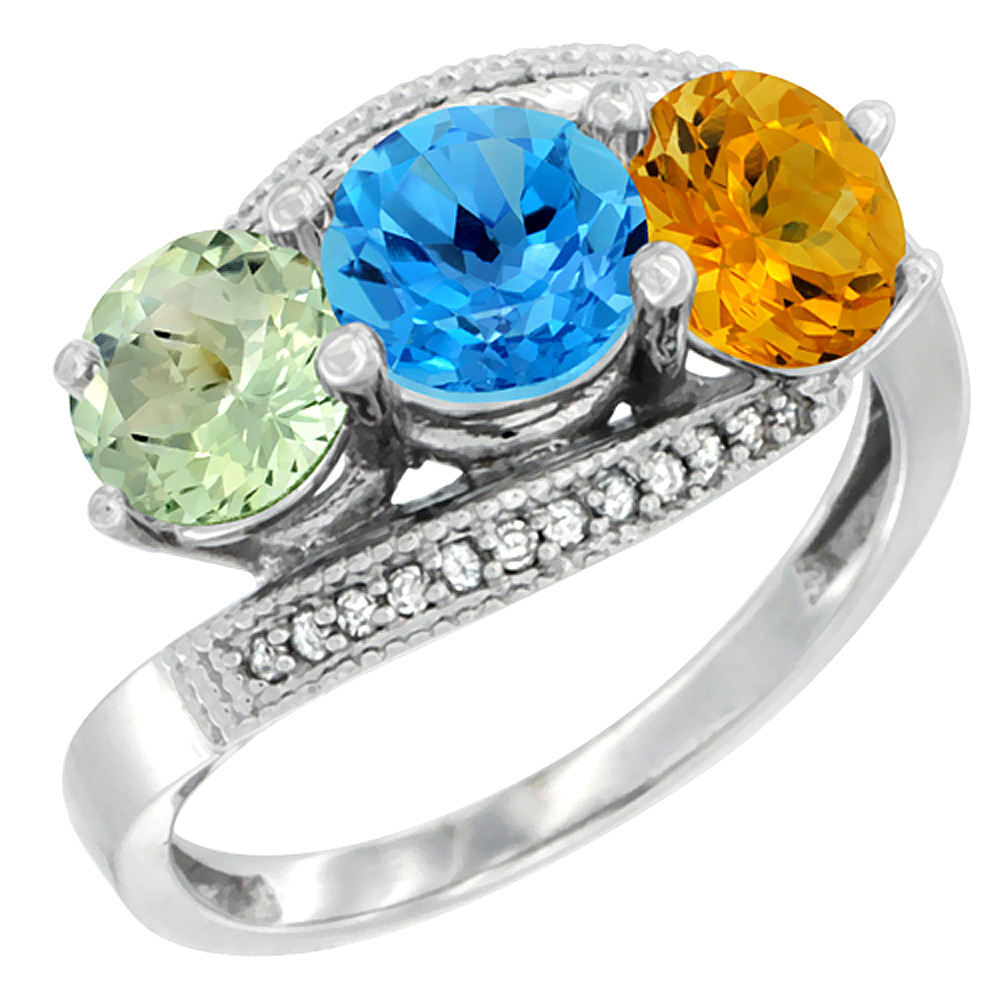 14K White Gold Natural Green Amethyst, Swiss Blue Topaz & Citrine 3 stone Ring Round 6mm Diamond Accent, sizes 5 - 10