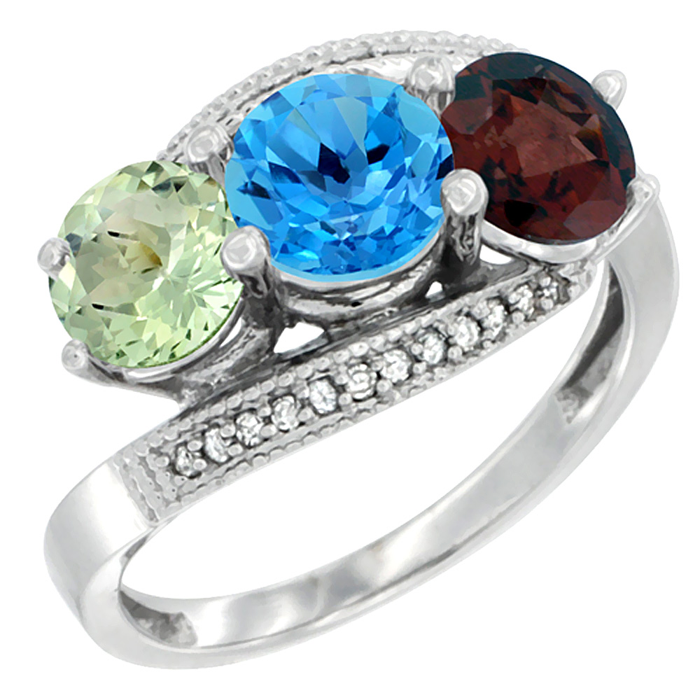 10K White Gold Natural Green Amethyst, Swiss Blue Topaz & Garnet 3 stone Ring Round 6mm Diamond Accent, sizes 5 - 10