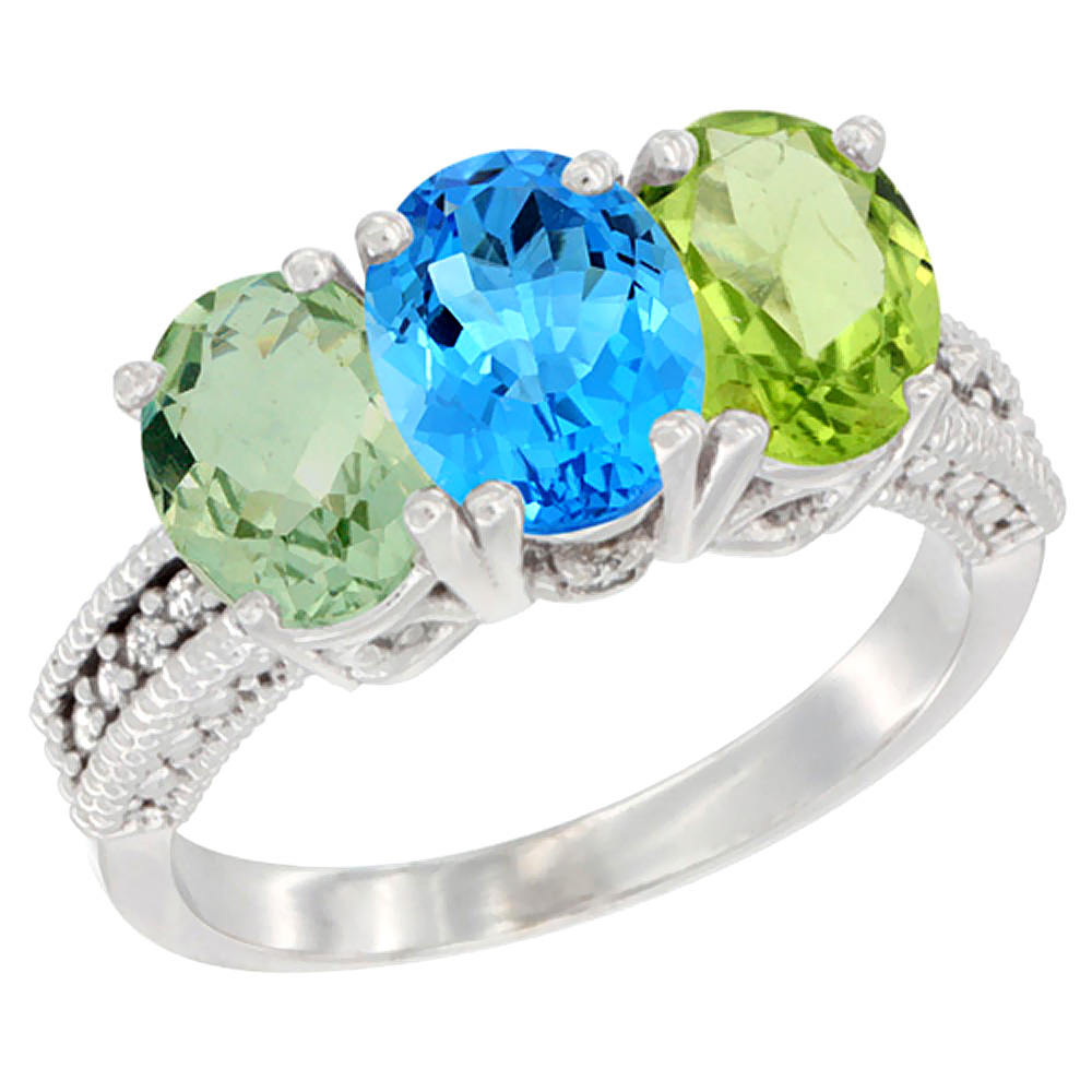 10K White Gold Natural Green Amethyst, Swiss Blue Topaz & Peridot Ring 3-Stone Oval 7x5 mm Diamond Accent, sizes 5 - 10