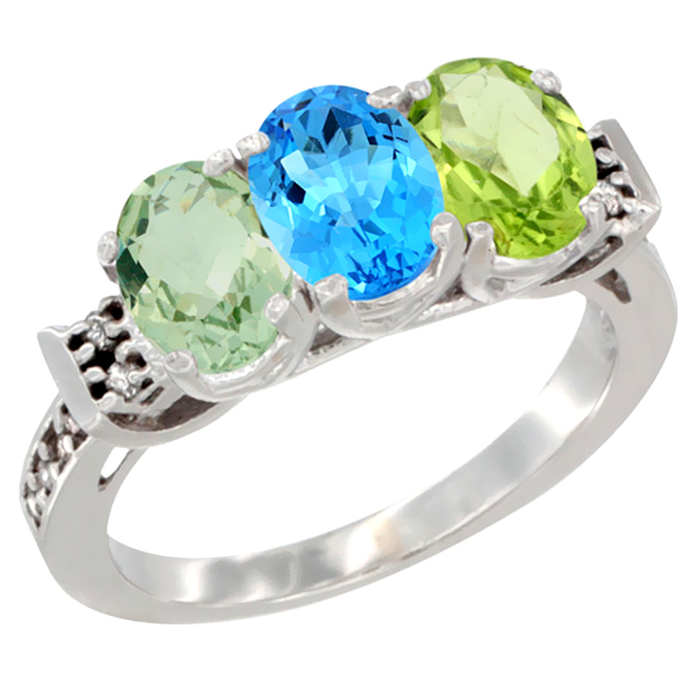 10K White Gold Natural Green Amethyst, Swiss Blue Topaz & Peridot Ring 3-Stone Oval 7x5 mm Diamond Accent, sizes 5 - 10