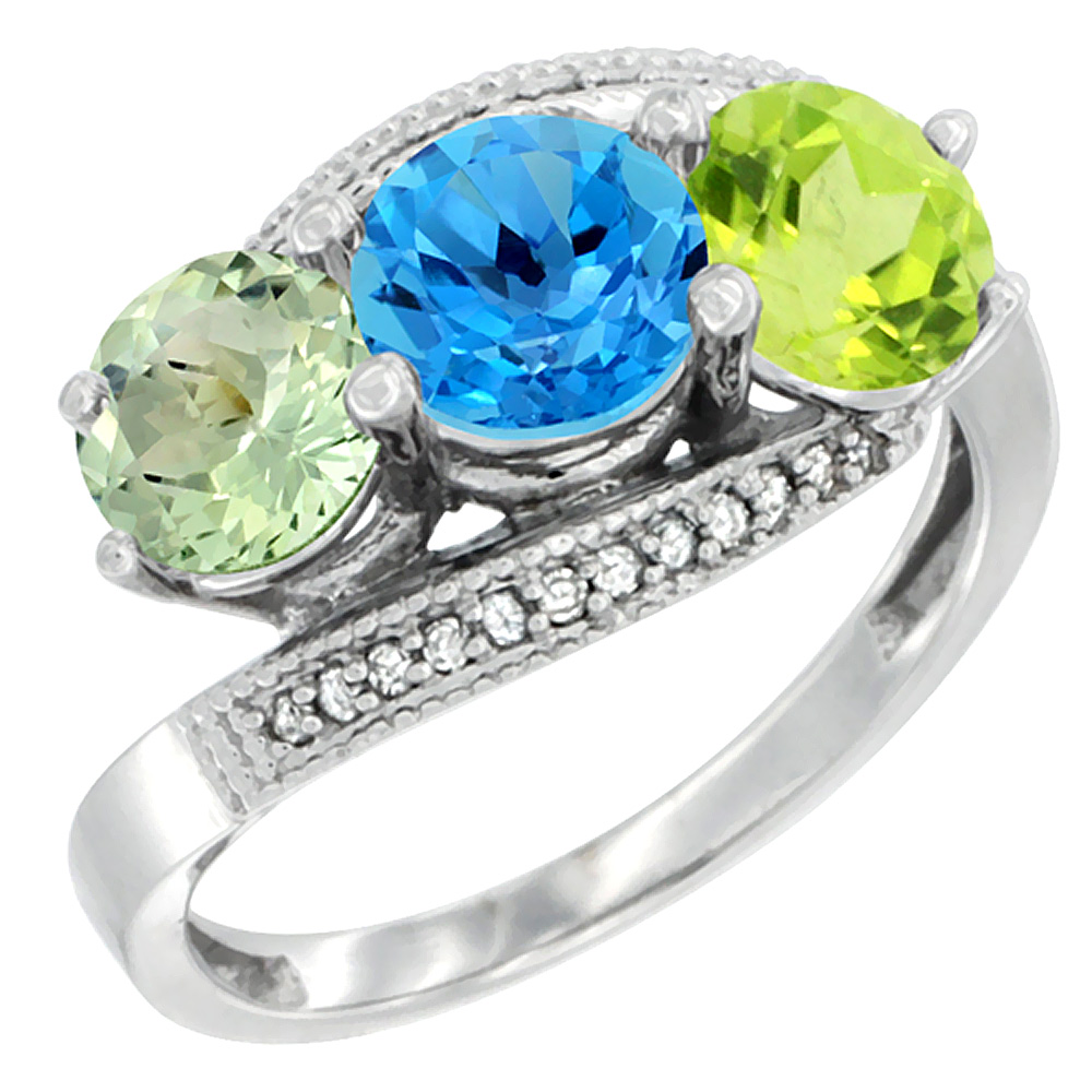 14K White Gold Natural Green Amethyst, Swiss Blue Topaz & Peridot 3 stone Ring Round 6mm Diamond Accent, sizes 5 - 10