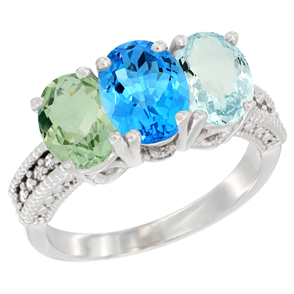 14K White Gold Natural Green Amethyst, Swiss Blue Topaz & Aquamarine Ring 3-Stone 7x5 mm Oval Diamond Accent, sizes 5 - 10