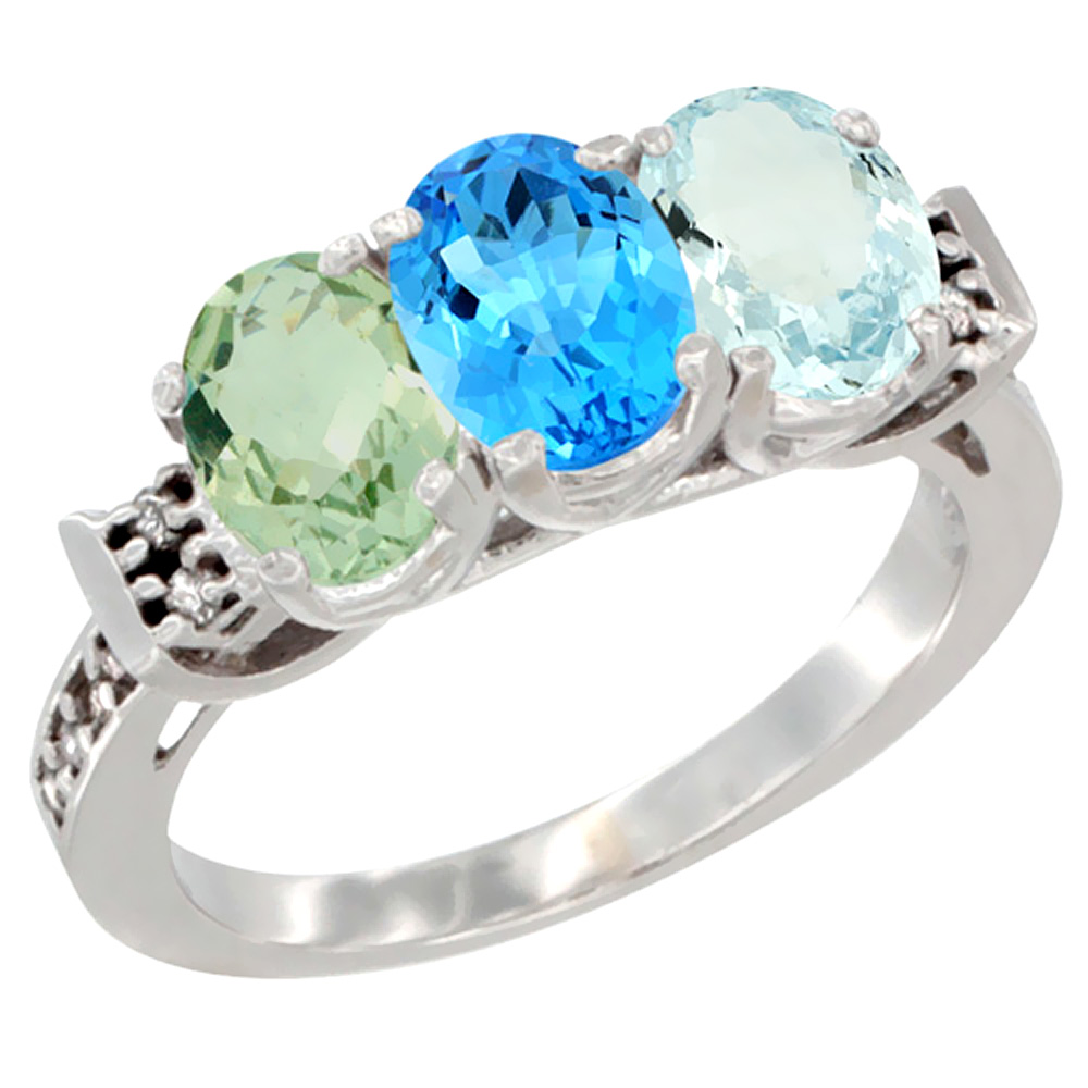 10K White Gold Natural Green Amethyst, Swiss Blue Topaz & Aquamarine Ring 3-Stone Oval 7x5 mm Diamond Accent, sizes 5 - 10