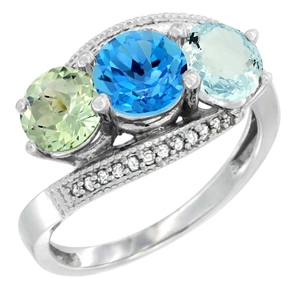 10K White Gold Natural Green Amethyst, Swiss Blue Topaz &amp; Aquamarine 3 stone Ring Round 6mm Diamond Accent, sizes 5 - 10