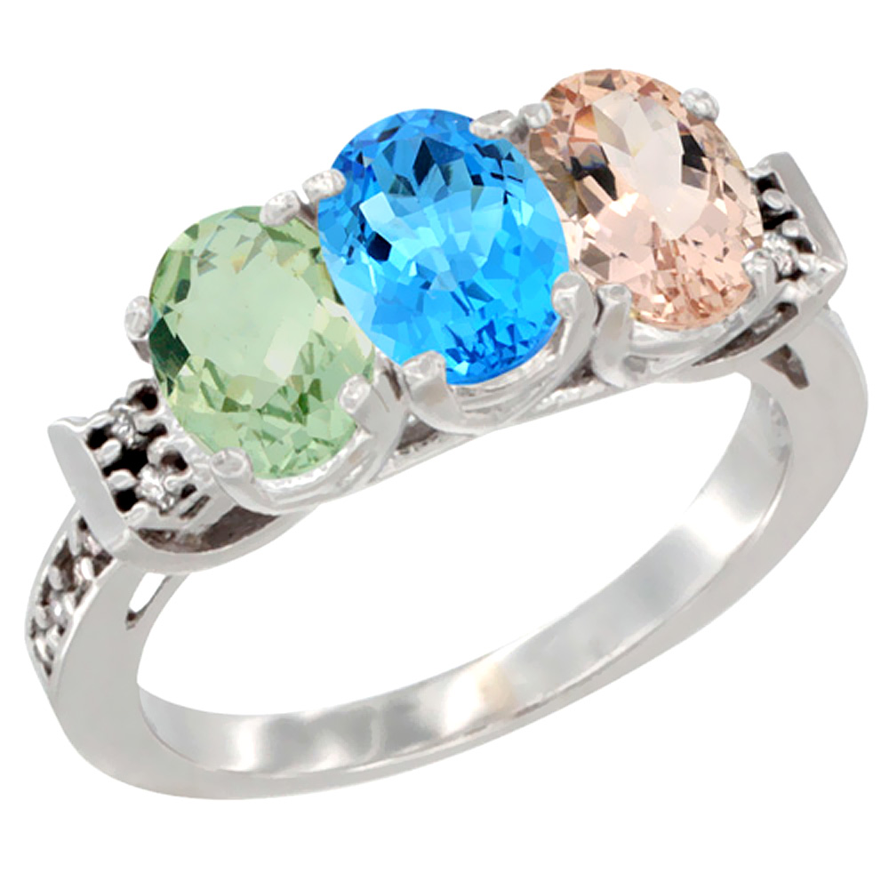 14K White Gold Natural Green Amethyst, Swiss Blue Topaz &amp; Morganite Ring 3-Stone 7x5 mm Oval Diamond Accent, sizes 5 - 10