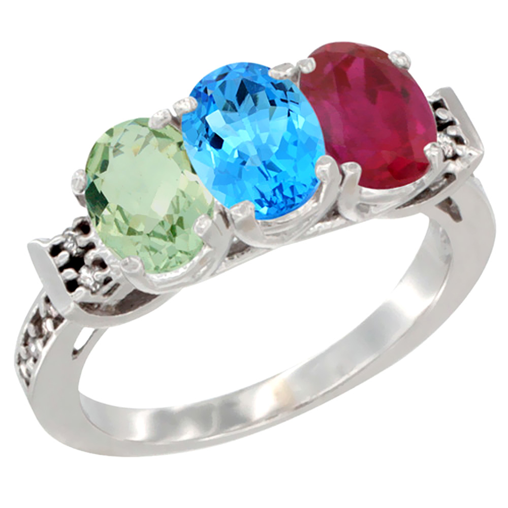 10K White Gold Natural Green Amethyst, Swiss Blue Topaz & Enhanced Ruby Ring 3-Stone Oval 7x5 mm Diamond Accent, sizes 5 - 10