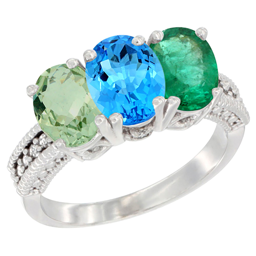 10K White Gold Natural Green Amethyst, Swiss Blue Topaz & Emerald Ring 3-Stone Oval 7x5 mm Diamond Accent, sizes 5 - 10