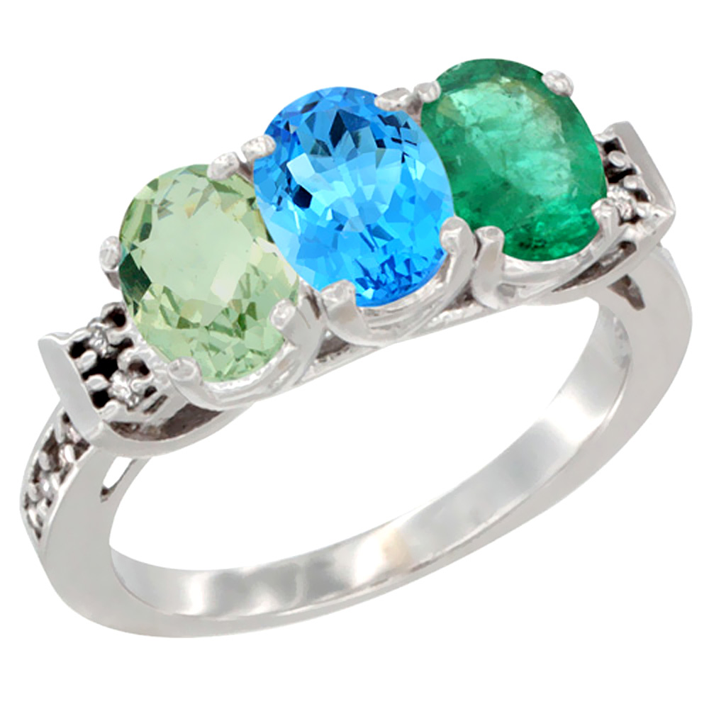 14K White Gold Natural Green Amethyst, Swiss Blue Topaz & Emerald Ring 3-Stone 7x5 mm Oval Diamond Accent, sizes 5 - 10