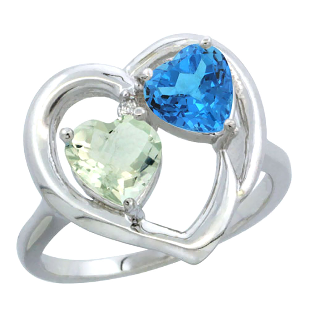 10K White Gold Diamond Two-stone Heart Ring 6mm Natural Green Amethyst & Swiss Blue Topaz, sizes 5-10