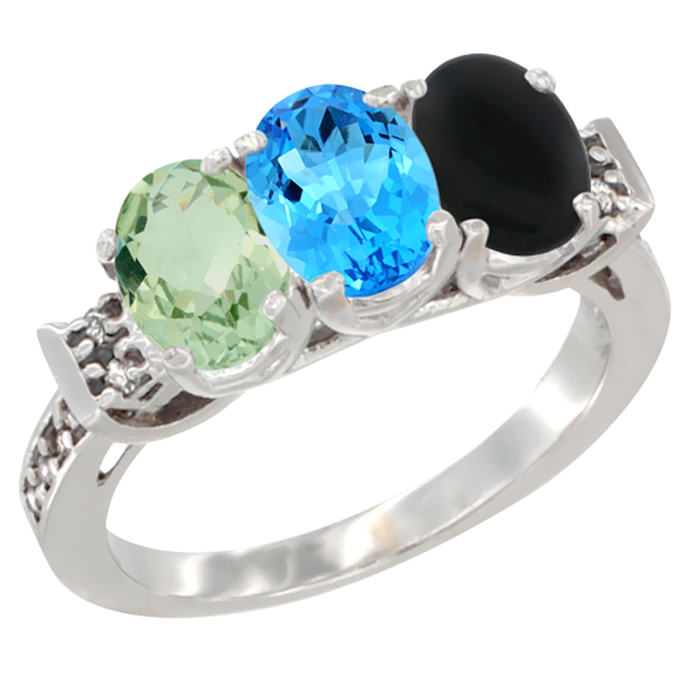 10K White Gold Natural Green Amethyst, Swiss Blue Topaz & Black Onyx Ring 3-Stone Oval 7x5 mm Diamond Accent, sizes 5 - 10