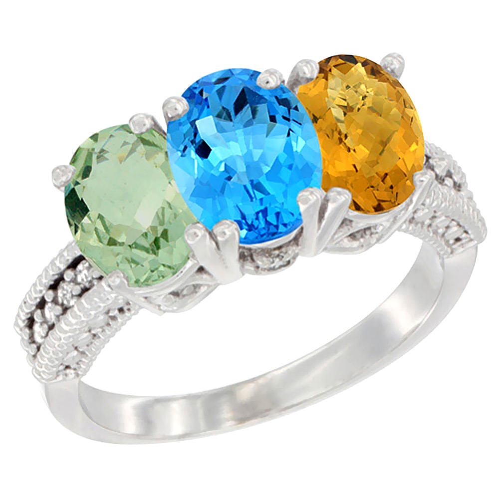 14K White Gold Natural Green Amethyst, Swiss Blue Topaz & Whisky Quartz Ring 3-Stone 7x5 mm Oval Diamond Accent, sizes 5 - 10