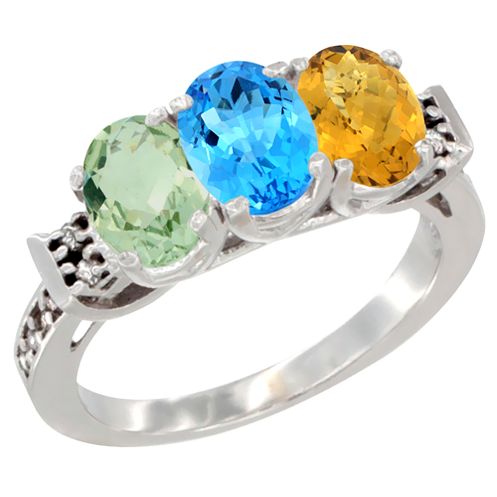 14K White Gold Natural Green Amethyst, Swiss Blue Topaz & Whisky Quartz Ring 3-Stone 7x5 mm Oval Diamond Accent, sizes 5 - 10