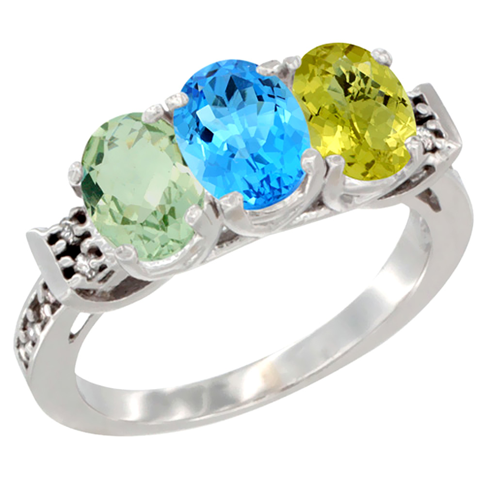 14K White Gold Natural Green Amethyst, Swiss Blue Topaz & Lemon Quartz Ring 3-Stone 7x5 mm Oval Diamond Accent, sizes 5 - 10