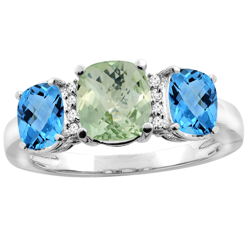 10K Yellow Gold Natural Green Amethyst & Swiss Blue Topaz 3-stone Ring Cushion 8x6mm Diamond Accent, sizes 5 - 10