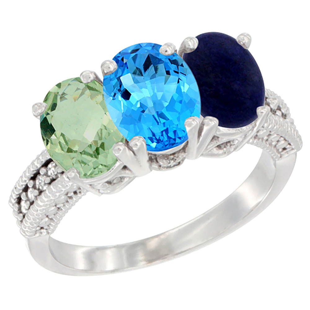 14K White Gold Natural Green Amethyst, Swiss Blue Topaz & Lapis Ring 3-Stone 7x5 mm Oval Diamond Accent, sizes 5 - 10