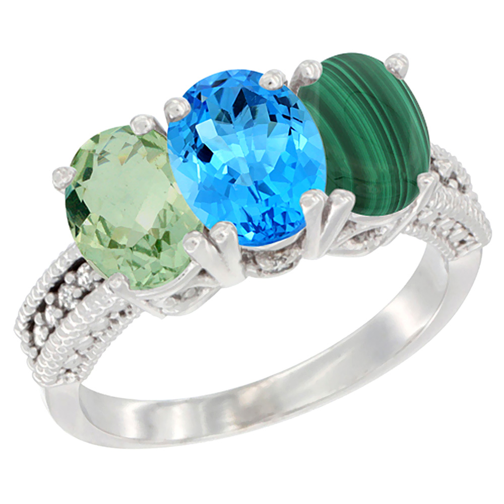 14K White Gold Natural Green Amethyst, Swiss Blue Topaz & Malachite Ring 3-Stone 7x5 mm Oval Diamond Accent, sizes 5 - 10