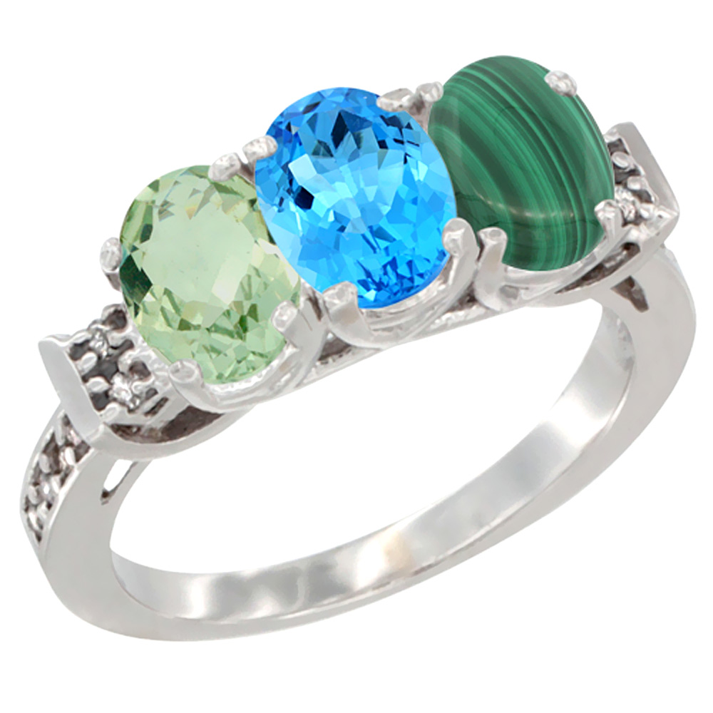 10K White Gold Natural Green Amethyst, Swiss Blue Topaz & Malachite Ring 3-Stone Oval 7x5 mm Diamond Accent, sizes 5 - 10