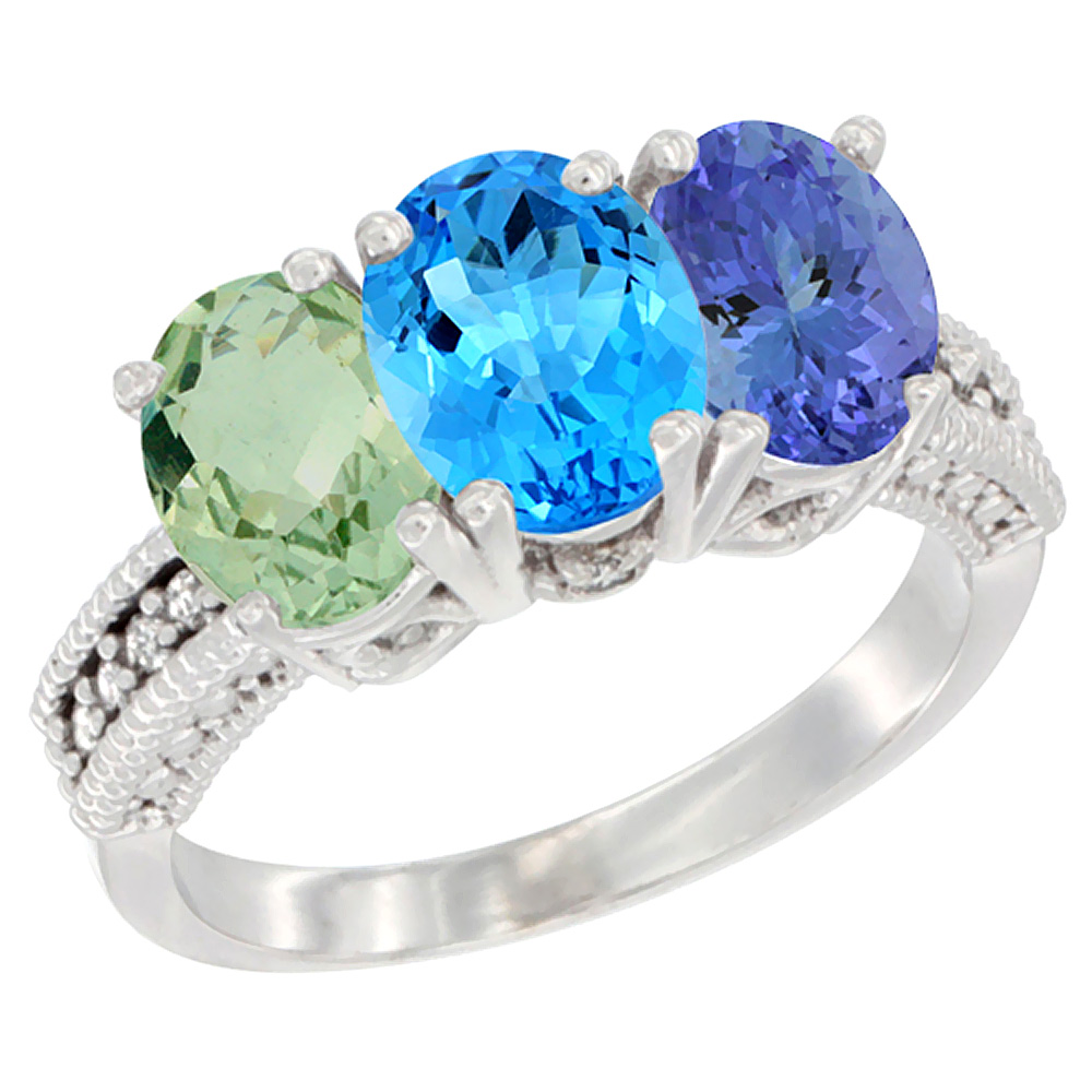 14K White Gold Natural Green Amethyst, Swiss Blue Topaz & Tanzanite Ring 3-Stone 7x5 mm Oval Diamond Accent, sizes 5 - 10