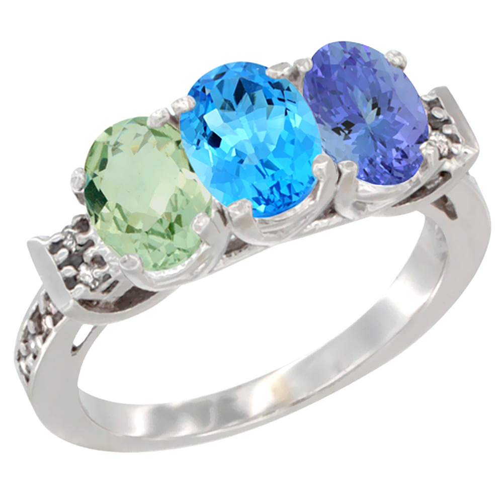 14K White Gold Natural Green Amethyst, Swiss Blue Topaz & Tanzanite Ring 3-Stone 7x5 mm Oval Diamond Accent, sizes 5 - 10