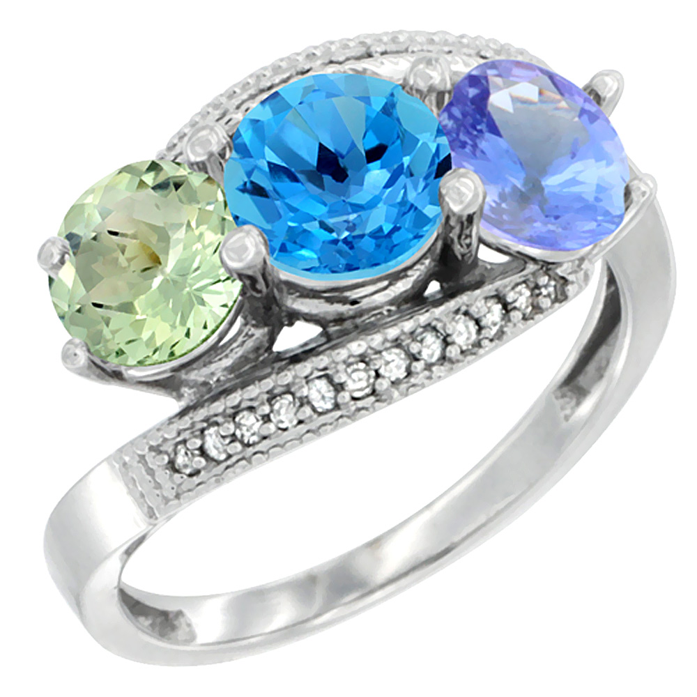 14K White Gold Natural Green Amethyst, Swiss Blue Topaz & Tanzanite 3 stone Ring Round 6mm Diamond Accent, sizes 5 - 10