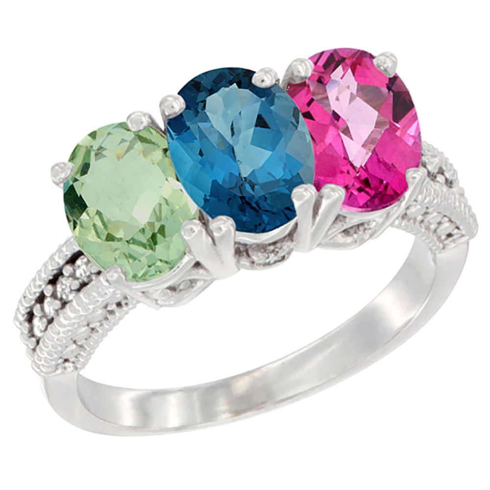 10K White Gold Natural Green Amethyst, London Blue Topaz & Pink Topaz Ring 3-Stone Oval 7x5 mm Diamond Accent, sizes 5 - 10