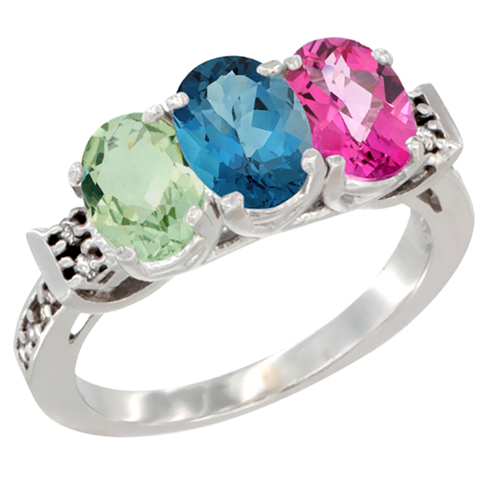 14K White Gold Natural Green Amethyst, London Blue Topaz & Pink Topaz Ring 3-Stone 7x5 mm Oval Diamond Accent, sizes 5 - 10