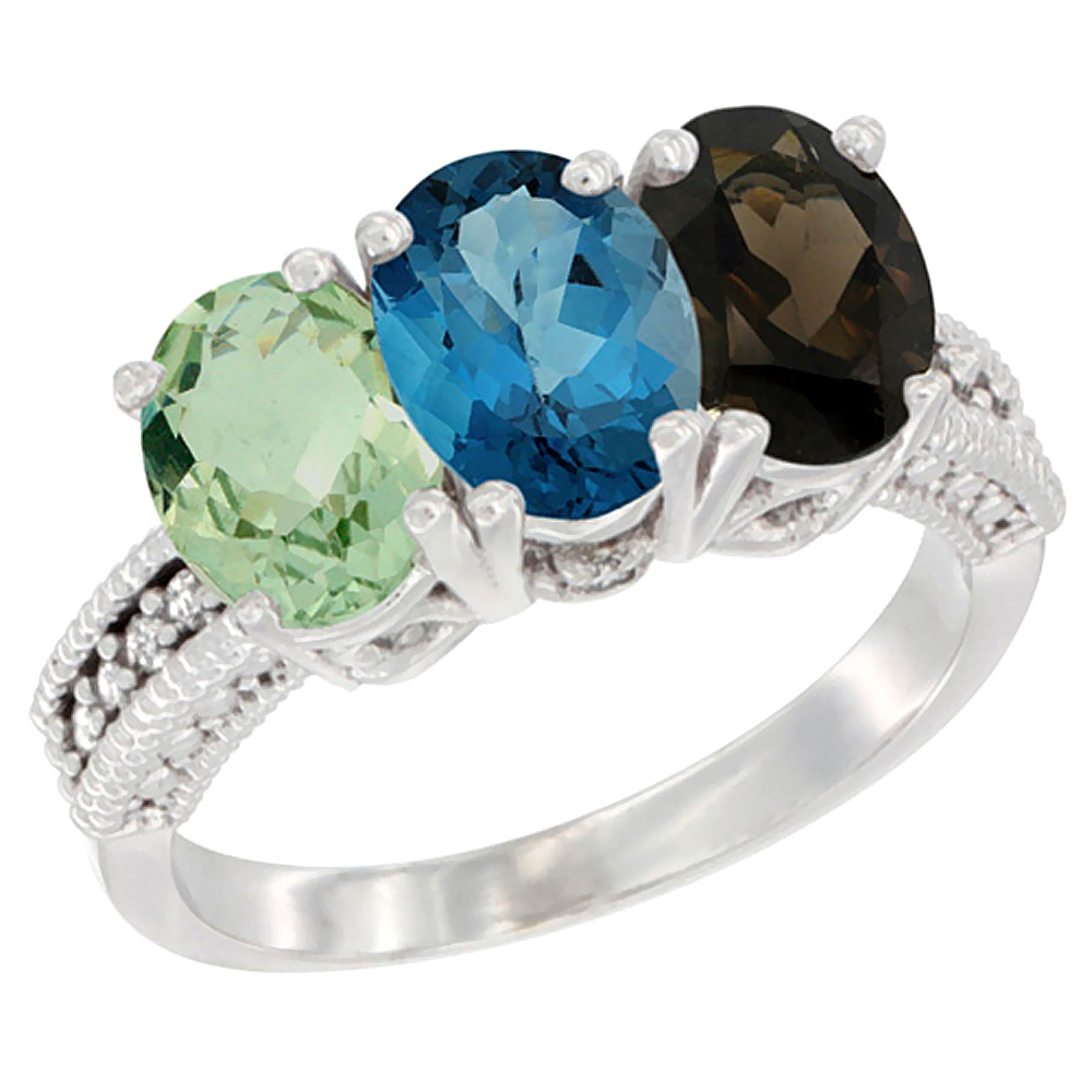 10K White Gold Natural Green Amethyst, London Blue Topaz & Smoky Topaz Ring 3-Stone Oval 7x5 mm Diamond Accent, sizes 5 - 10