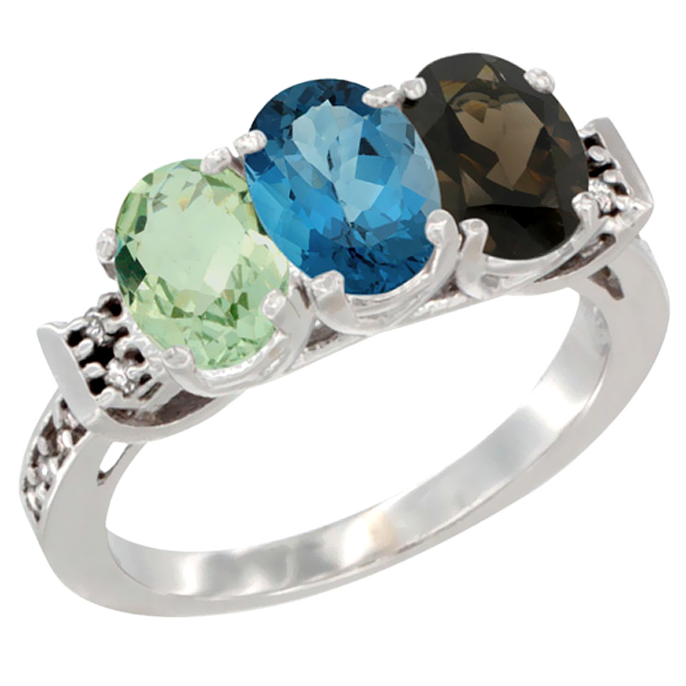 14K White Gold Natural Green Amethyst, London Blue Topaz & Smoky Topaz Ring 3-Stone 7x5 mm Oval Diamond Accent, sizes 5 - 10