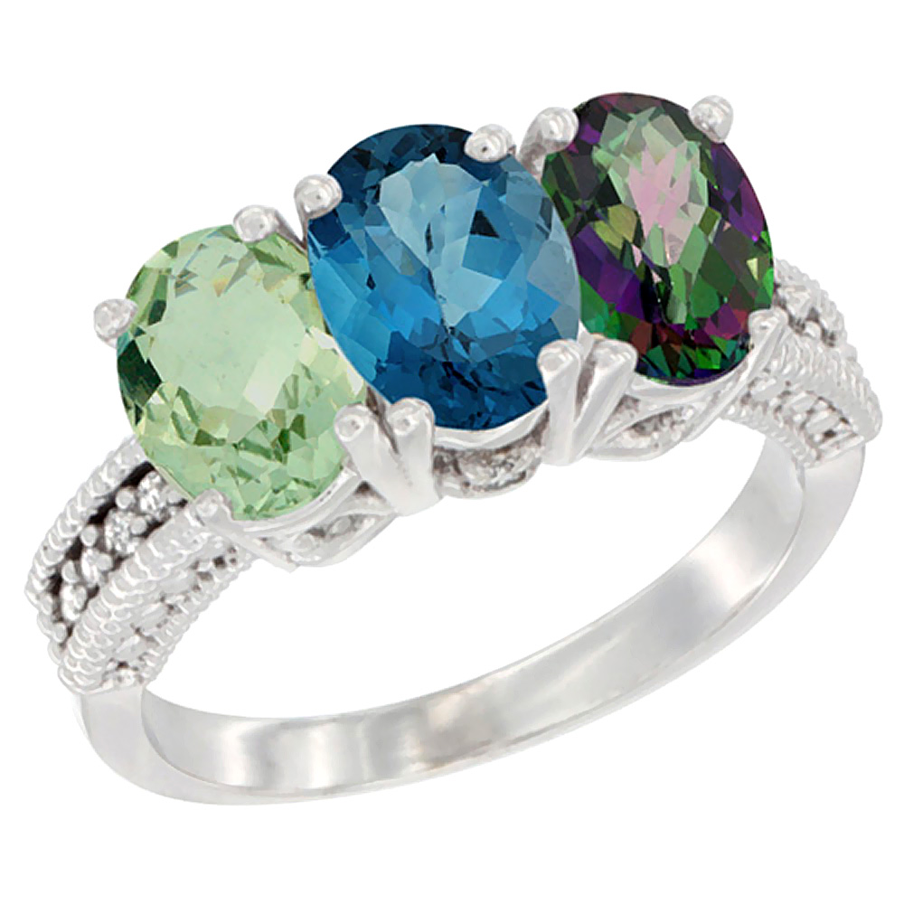 14K White Gold Natural Green Amethyst, London Blue Topaz & Mystic Topaz Ring 3-Stone 7x5 mm Oval Diamond Accent, sizes 5 - 10