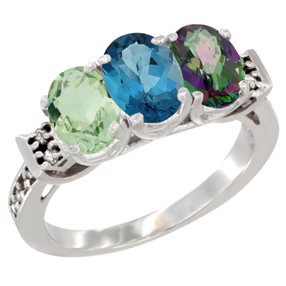 10K White Gold Natural Green Amethyst, London Blue Topaz & Mystic Topaz Ring 3-Stone Oval 7x5 mm Diamond Accent, sizes 5 - 10