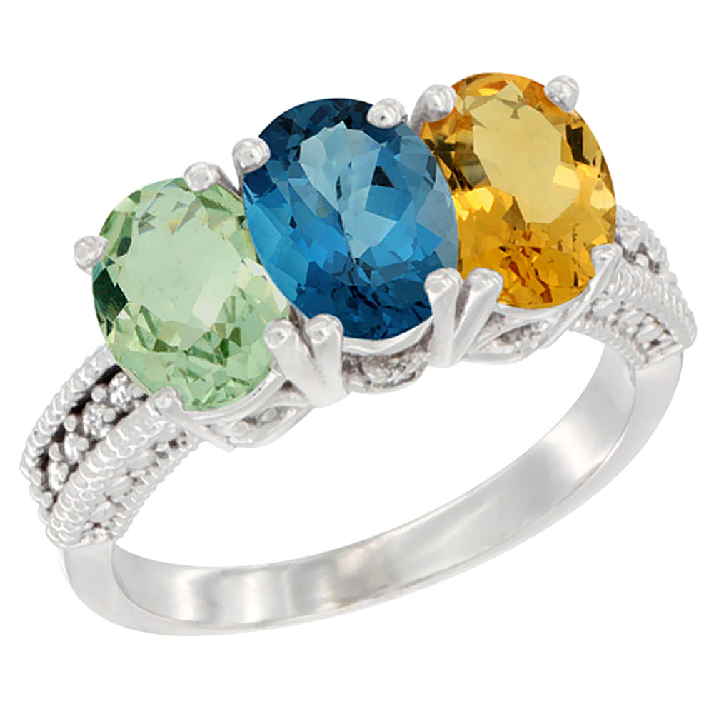 14K White Gold Natural Green Amethyst, London Blue Topaz & Citrine Ring 3-Stone 7x5 mm Oval Diamond Accent, sizes 5 - 10