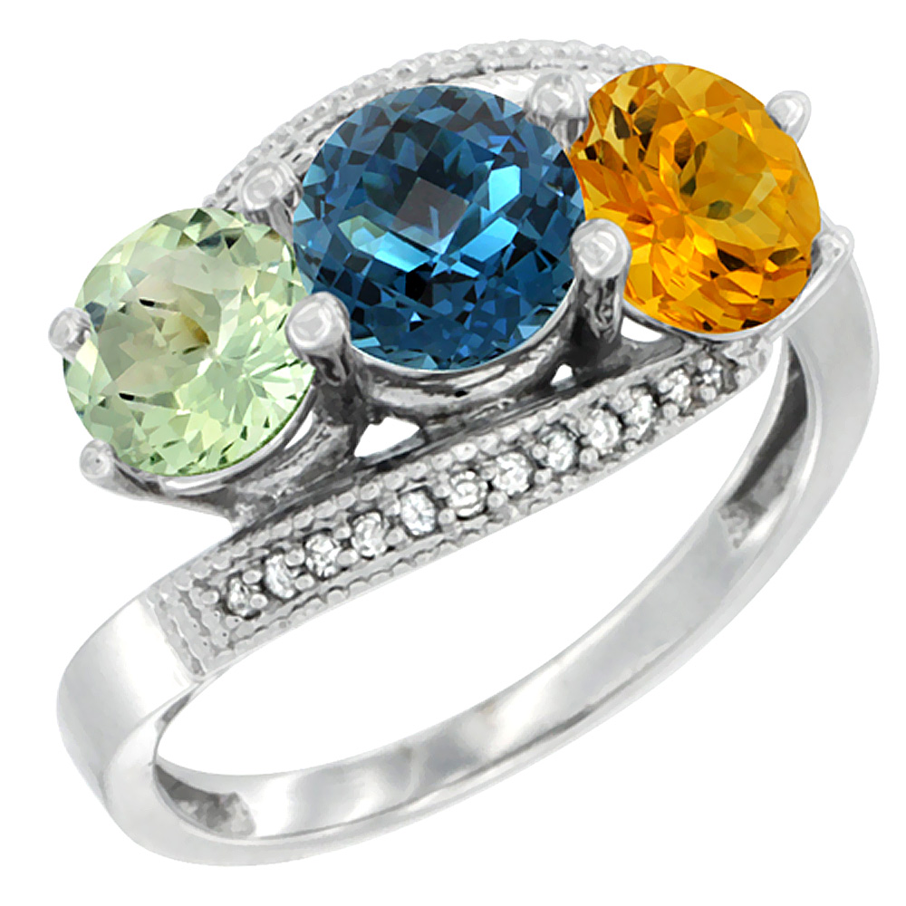 10K White Gold Natural Green Amethyst, London Blue Topaz &amp; Citrine 3 stone Ring Round 6mm Diamond Accent, sizes 5 - 10