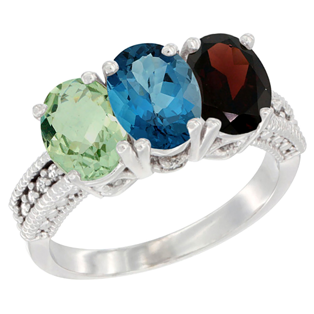 14K White Gold Natural Green Amethyst, London Blue Topaz & Garnet Ring 3-Stone 7x5 mm Oval Diamond Accent, sizes 5 - 10