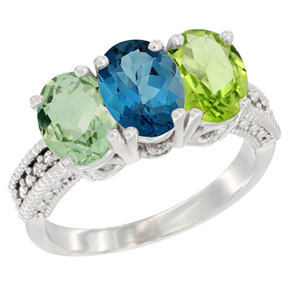 14K White Gold Natural Green Amethyst, London Blue Topaz & Peridot Ring 3-Stone 7x5 mm Oval Diamond Accent, sizes 5 - 10