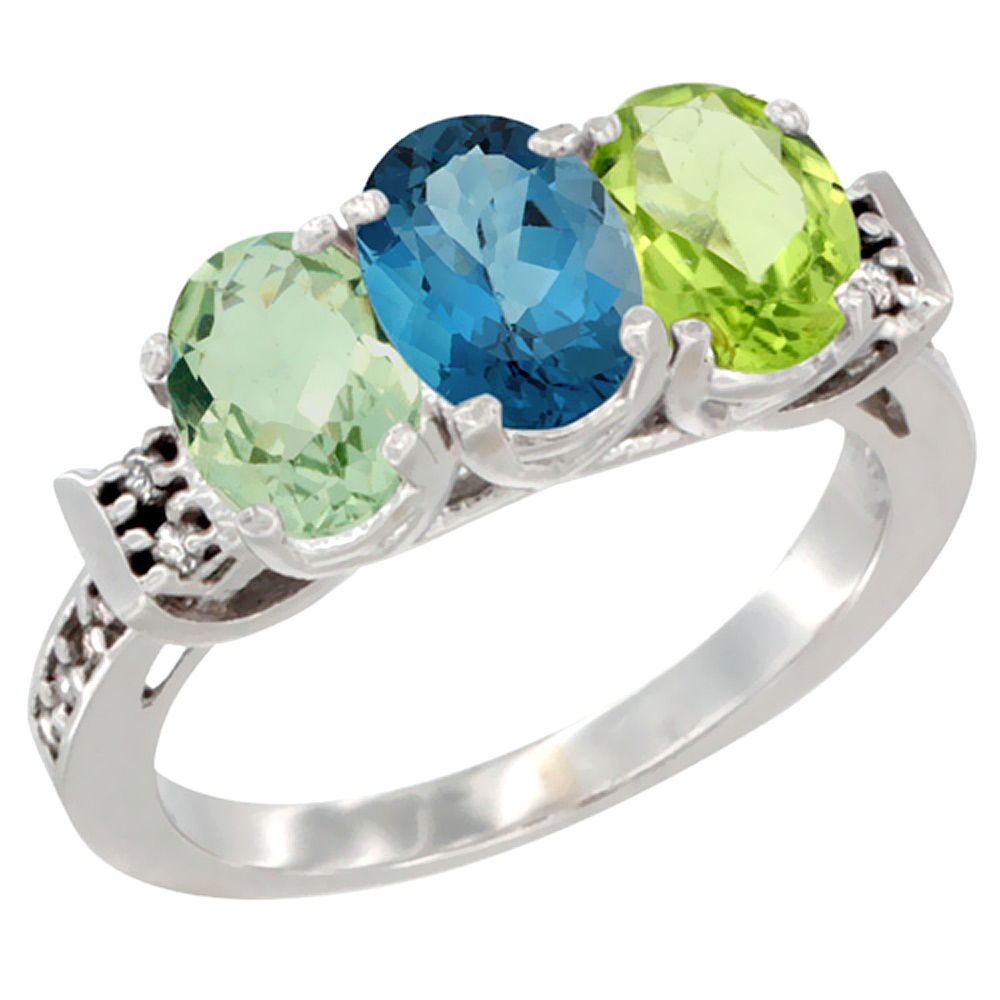 14K White Gold Natural Green Amethyst, London Blue Topaz & Peridot Ring 3-Stone 7x5 mm Oval Diamond Accent, sizes 5 - 10