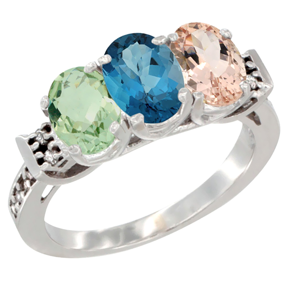 10K White Gold Natural Green Amethyst, London Blue Topaz &amp; Morganite Ring 3-Stone Oval 7x5 mm Diamond Accent, sizes 5 - 10