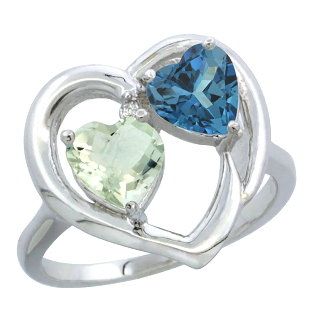 10K White Gold Diamond Two-stone Heart Ring 6mm Natural Green Amethyst &amp; London Blue Topaz, sizes 5-10