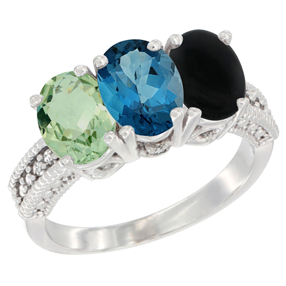 14K White Gold Natural Green Amethyst, London Blue Topaz & Black Onyx Ring 3-Stone 7x5 mm Oval Diamond Accent, sizes 5 - 10