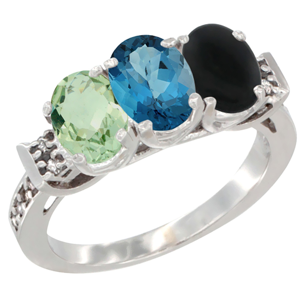 10K White Gold Natural Green Amethyst, London Blue Topaz & Black Onyx Ring 3-Stone Oval 7x5 mm Diamond Accent, sizes 5 - 10