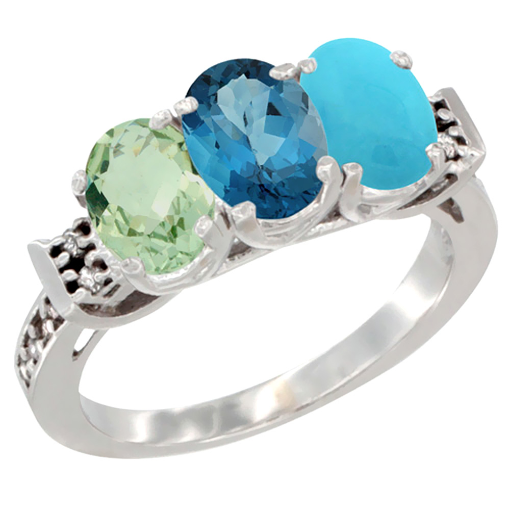 14K White Gold Natural Green Amethyst, London Blue Topaz & Turquoise Ring 3-Stone 7x5 mm Oval Diamond Accent, sizes 5 - 10