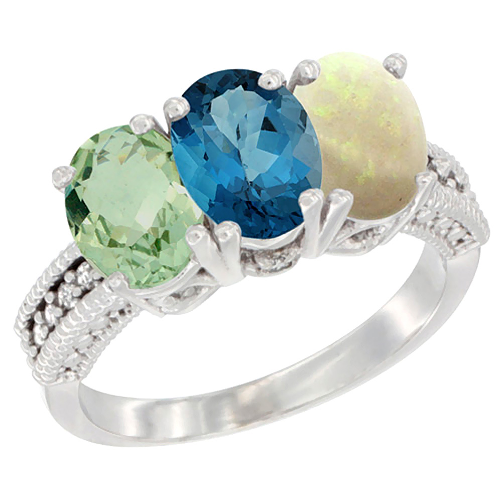 10K White Gold Natural Green Amethyst, London Blue Topaz & Opal Ring 3-Stone Oval 7x5 mm Diamond Accent, sizes 5 - 10